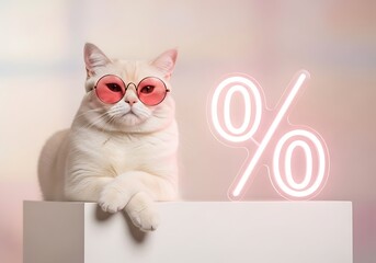 Stylish white cat wearing pink heart sunglasses sits beside a glowing neon percentage sign