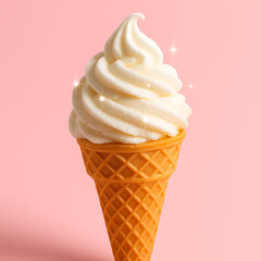Delicious swirls of soft serve ice cream in a waffle cone against a pink background