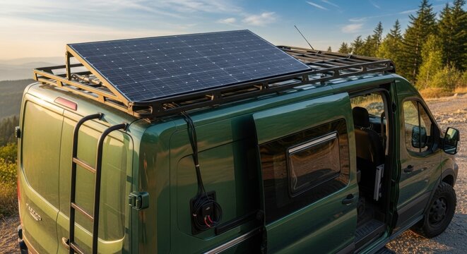 Solar panel installation on van roof for eco-friendly travel and sustainability. Solar panel powers recreational vehicle, offering eco-friendly travel in nature, remote locations,
