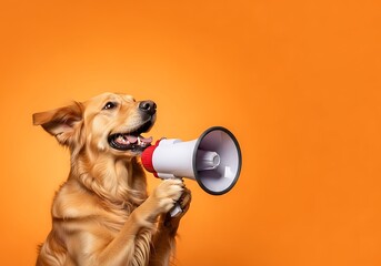 Happy golden retriever dog holding a megaphone and barking loudly announcing something important