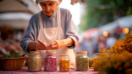Elderly caucasian woman in apron arranging jars of dried herbs and flowers at outdoor market stall during golden hour