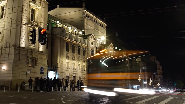 National Theatre in Belgrade At Night.  4K Hyperlapse Video