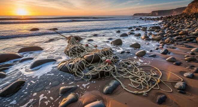 Beach pollution on sandy shore during sunset hours. Beach pollution brings plastic garbage and old rope ashore, polluting environment. Beach pollution concept for good ecology awareness campaigns.