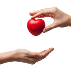 Obraz premium Hands passing a red heart symbol of love and care isolated on white background