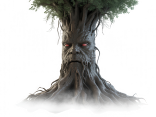 Ancient tree creature with glowing red eyes and mossy bark transparent background monster fantasy