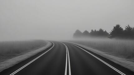 Minimalist Black and White Road in Fog – Fine Art Photograph of Winding Asphalt Road Disappearing into Mist
