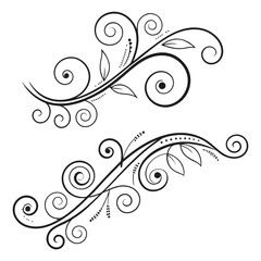 Two floral flourishes with swirls and leaves in a black and white decorative design element style created with generated ai