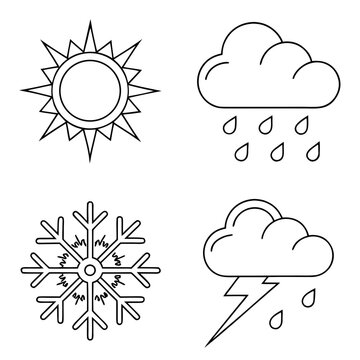 Illustration showing sun rain snowflake and lightning cloud in a simple outline style weather icons set created with generated ai