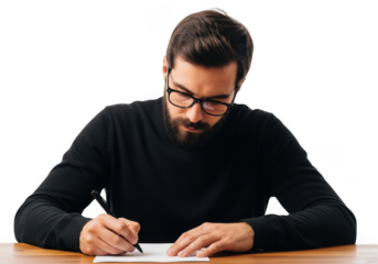 Focused man wearing glasses and dark sweater concentrates on writing with pen on paper at wooden desk
