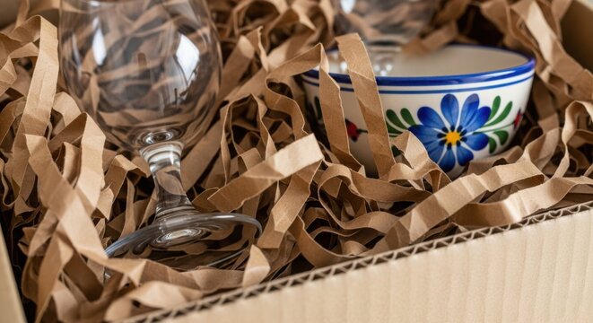 Close up of dishware packaging with shredded brown paper, dishware packaging designed for shipping fragile objects and glassware.