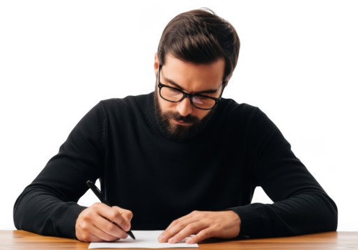 Focused man wearing glasses and dark sweater concentrates on writing with pen on paper at wooden desk