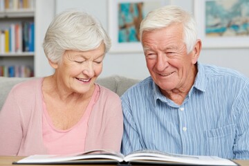 Senior couple joyfully sorting through old photo album, sharing memories and laughter, surrounded by cozy living room ambiance, showcasing love and nostalgia