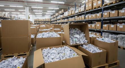 Overflowing cardboard boxes filled with disposable syringes inside warehouse. Disposable syringes overfill containers awaiting disposal, showcasing volume and management.