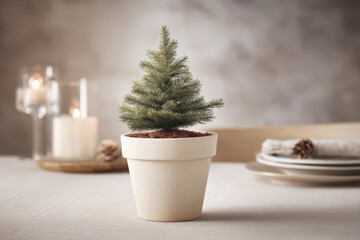 small christmas tree in clay pot decorated with single ornament creates enchanting centerpiece