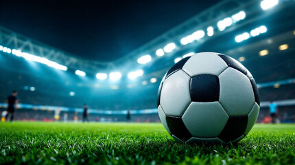 Naklejka premium Classic football on grass at stadium, vibrant match-day scene