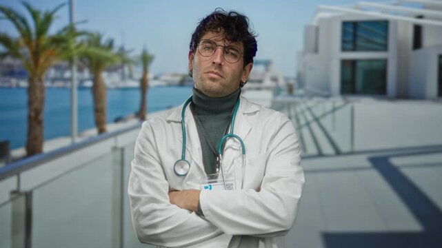Hispanic doctor man standing confidently in a modern hospital setting with arms crossed, wearing a stethoscope and a white coat in building near the sea and palm trees.
