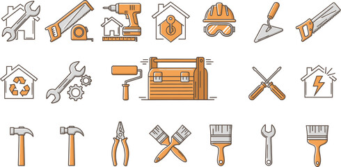 Home repair tools and equipment vector icons set for diy renovation and construction projects design