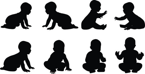Baby silhouette vector set of crawling and standing infants in various poses black and white design