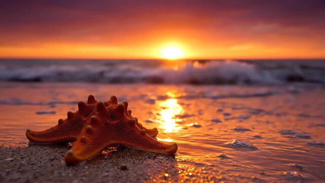 Starfish on a Tropical Beach at Sunset with Ocean Waves.