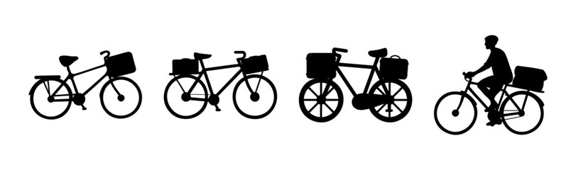 Bicycle silhouettes with baskets and a rider for delivery