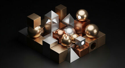 Stunning geometric arrangement with metallic spheres, cubes, and pyramids for a modern, high-end design or conceptual visualization project