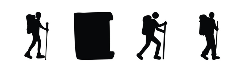 Adventure hiking silhouettes and map scroll icon collection