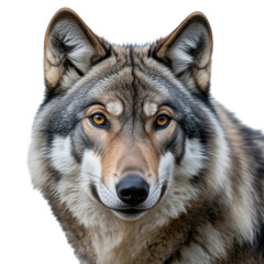 Fototapeta premium Close up portrait of a grey wolf with intense amber eyes on transparent background black background