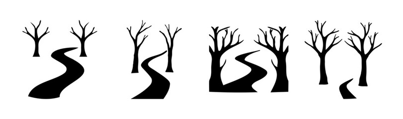 Obraz premium Bare trees and winding paths silhouettes minimal vector art
