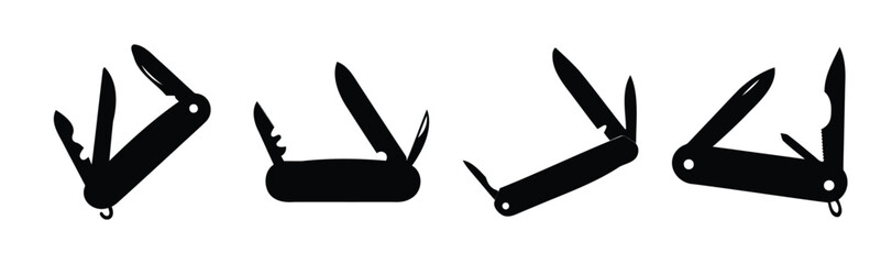 Four multi-tool pocket knife silhouettes in various forms.