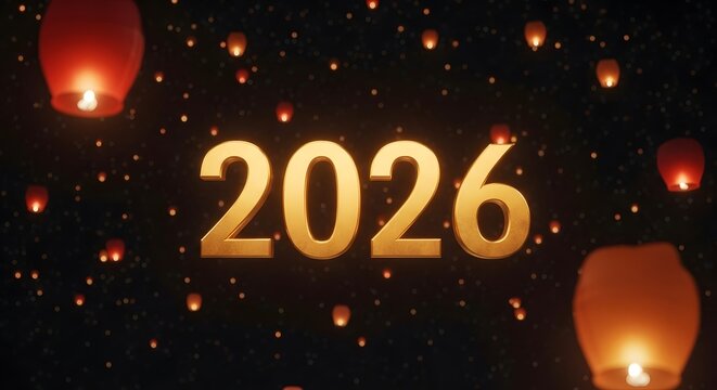 Golden 2026 number floating among red sky lanterns at night