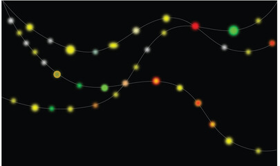 Vibrant glowing dots on abstract wavy lines, festive illumination