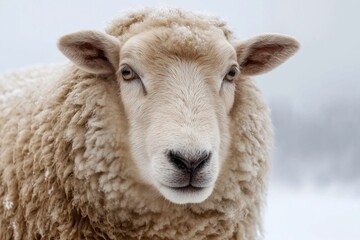 Fototapeta premium Snowy Landscape Reveals a Close-Up of a Fluffy Sheep in Winter Mist