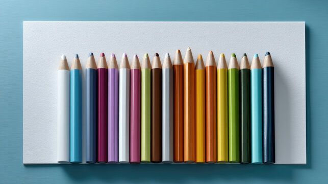 Colored pencil art supply white paper blue background creative arrangement drawing education school vibrant