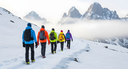 Group of hikers walking in snowy mountains during winter hike