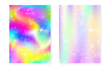 Princess background with kawaii rainbow gradient. Magic unicorn hologram. Holographic fairy set. Mystical fantasy cover. Princess background with sparkles and stars for cute girl party invitation.