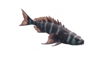 Dark striped aquatic creature with sharp teeth and fins against transparent background black fish