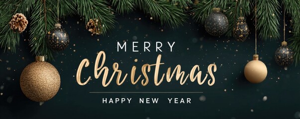 christmas greeting card with fir branch border and hanging decoration illustration