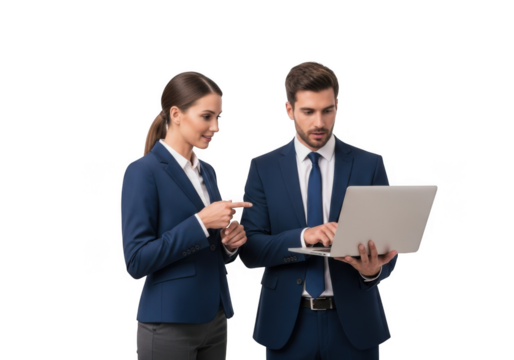 Professional business colleagues collaborating on a laptop discussing important project details and strategizing for future success in a modern office setting
