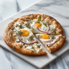 Everything bagel breakfast pizza with egg, red onion, dill, and cream cheese on marble, savory and fresh morning meal