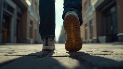 Upward motion shot taken from ground level, showcasing realistic sole patterns, natural movement, dynamic depth, and bright outdoor lighting with a softly blurred city backdrop for commercial visuals