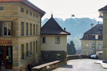View of the Swiss town of Fribourg old street and historical houses