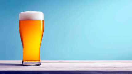 Glass of cold amber beer with foamy head on wooden table against blue background