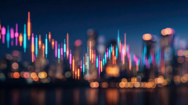 Vibrant colorful financial chart candlestick patterns overlayed on blurred night cityscape reflecting dynamic market trends and urban lights on water surface