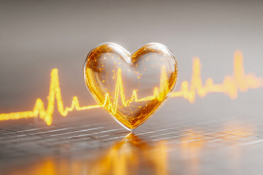Transparent glass heart with glowing golden heartbeat waveform inside symbolizing cardiovascular health and pulse diagnostics against blurred modern background - Powered by Adobe