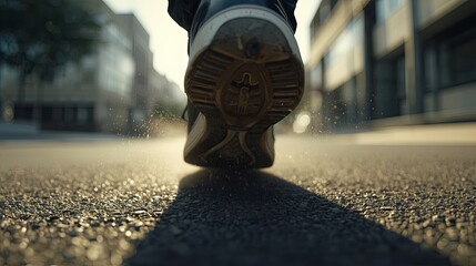 Low-angle motion capture focused on the textured sole of a stepping individual, with crisp lighting, subtle dust, smooth depth of field, and warm outdoor reflections creating a advertising aesthetic