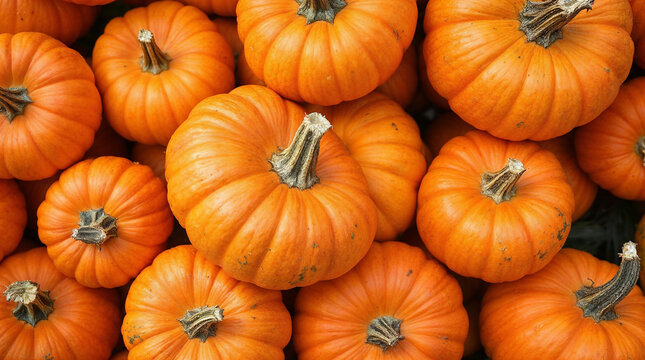 Top-down close-up of fresh orange pumpkins in a market basket - Powered by Adobe