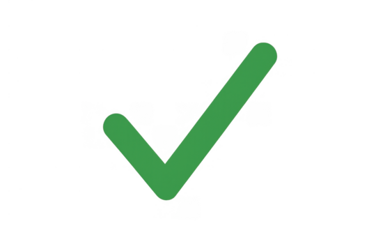 Green check mark icon or tick symbol representing success, valid agreement, done task, and confirmation on transparent background