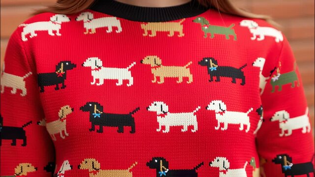 Close up of festive red knitted sweater with dachshund dog perfect christmas for pattern, celebrations video 4k