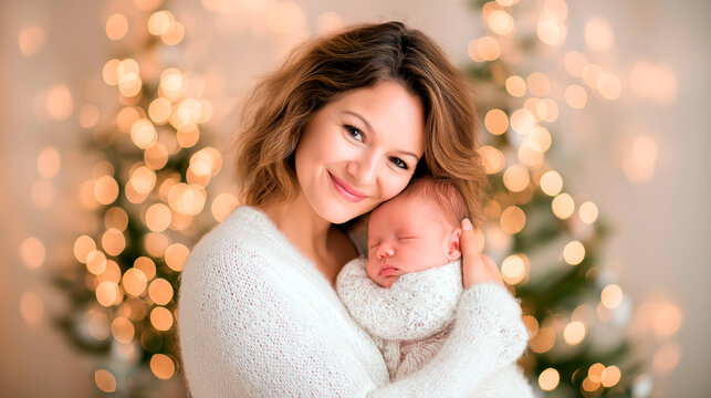 Smiling caucasian mother in white sweater holding sleeping newborn baby in front of glowing Christmas tree lights - Powered by Adobe