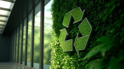 Modern green recycle symbol integrated into vertical garden wall inside eco-friendly office building